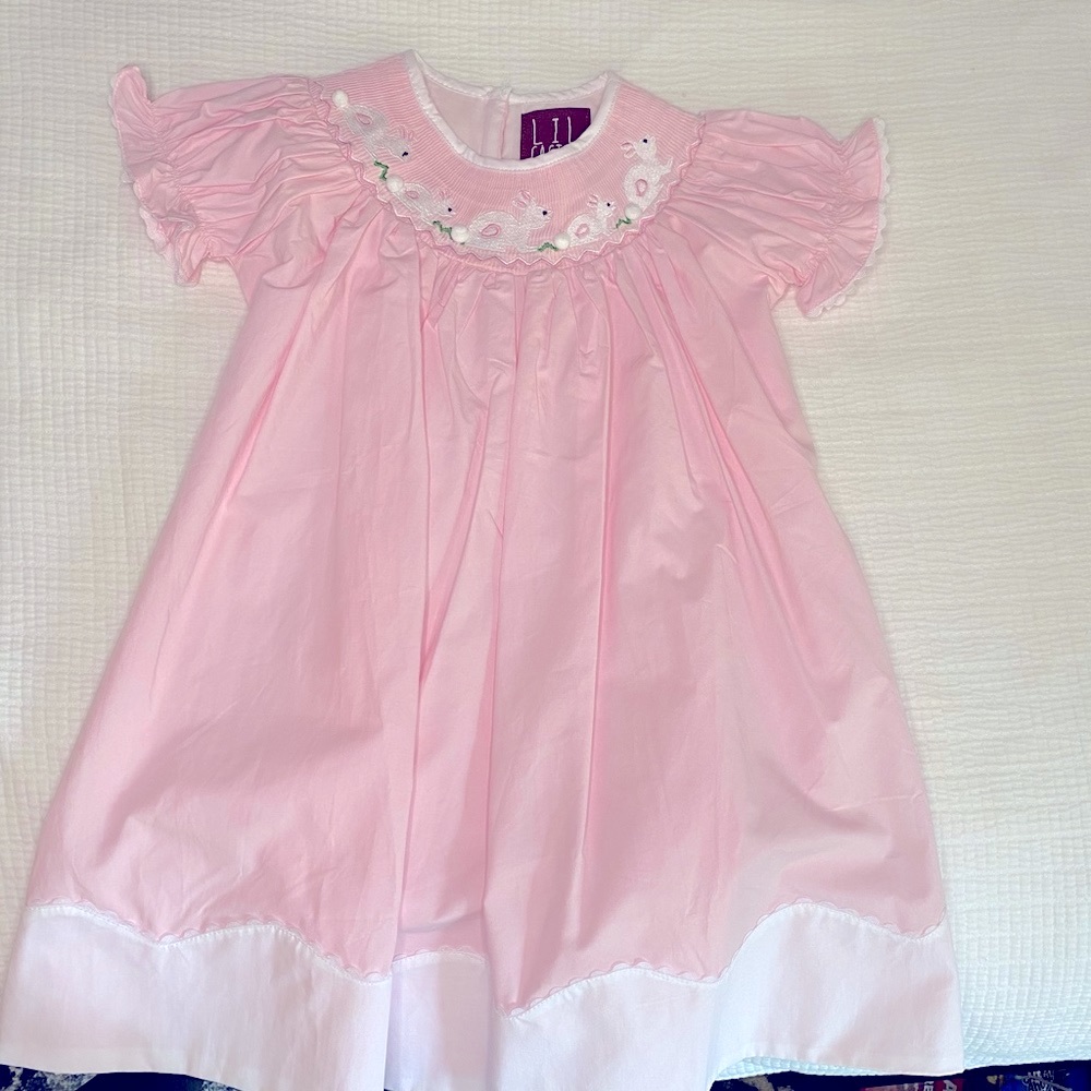2T smocked Easter bunny pink bishop dress